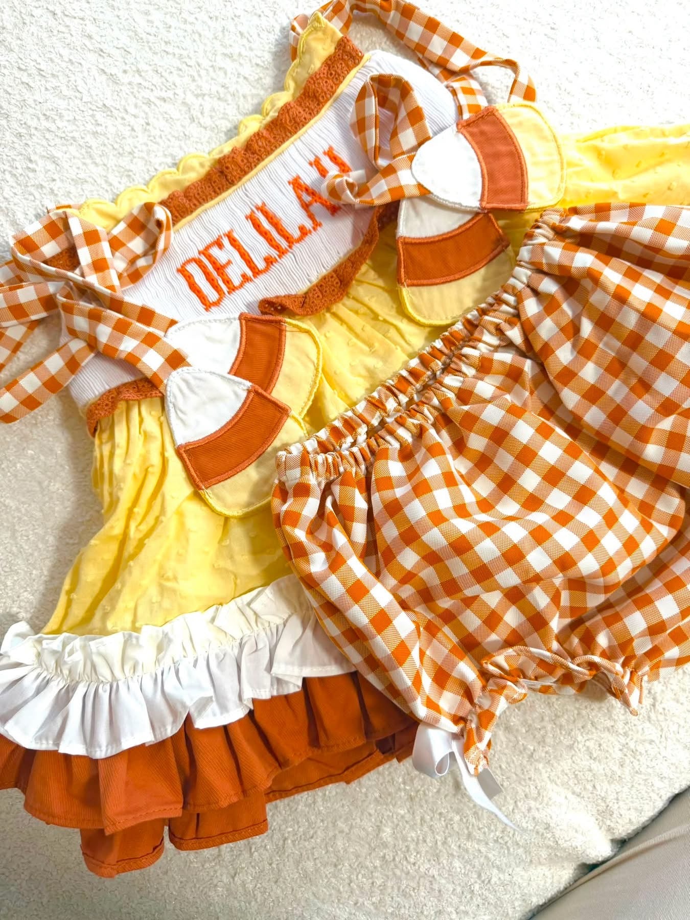 RTS Candy Corn Bloomer Set “SWEET & SPOOKY” on plate