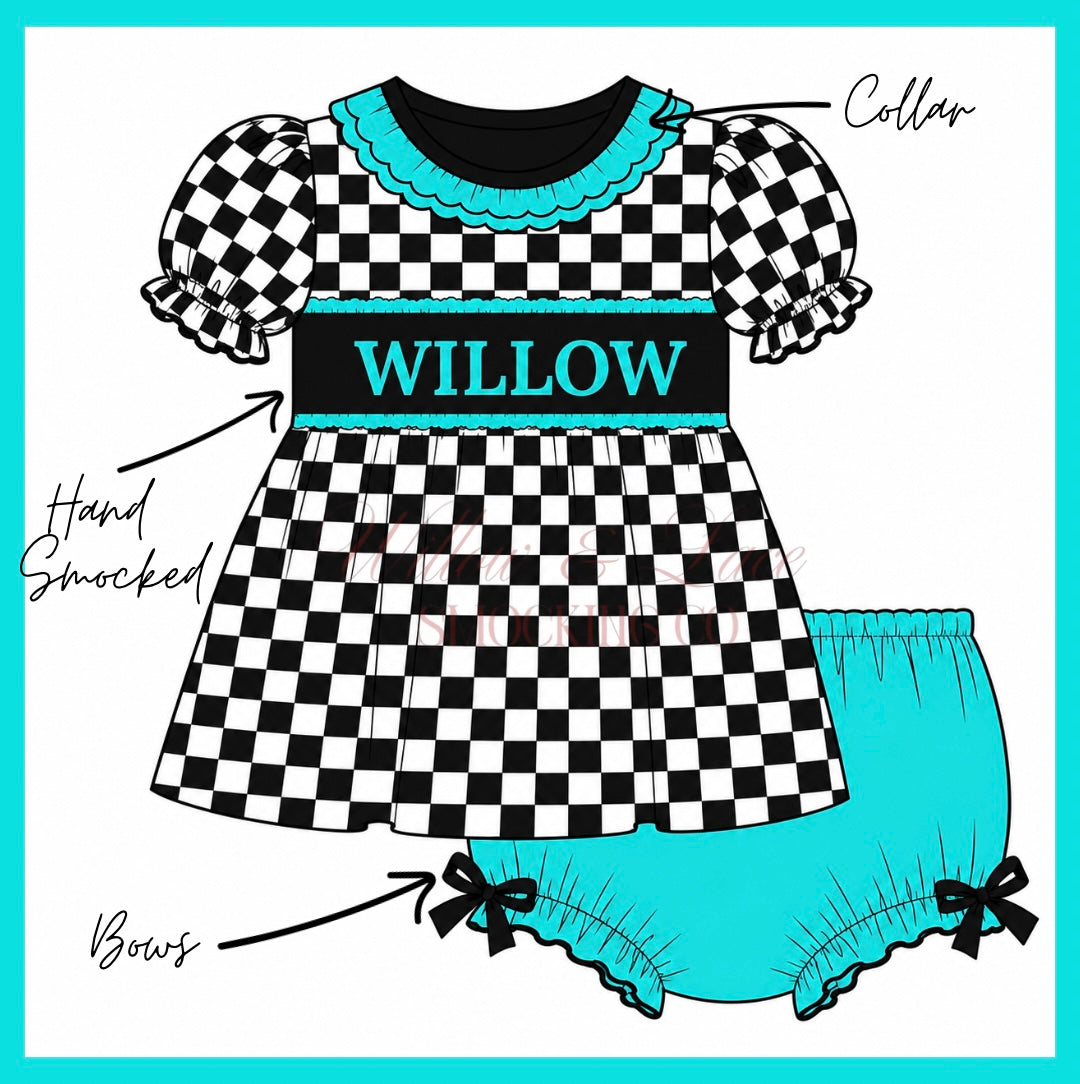 Turquoise Checkered Bloomer Set CUSTOMIZABLE